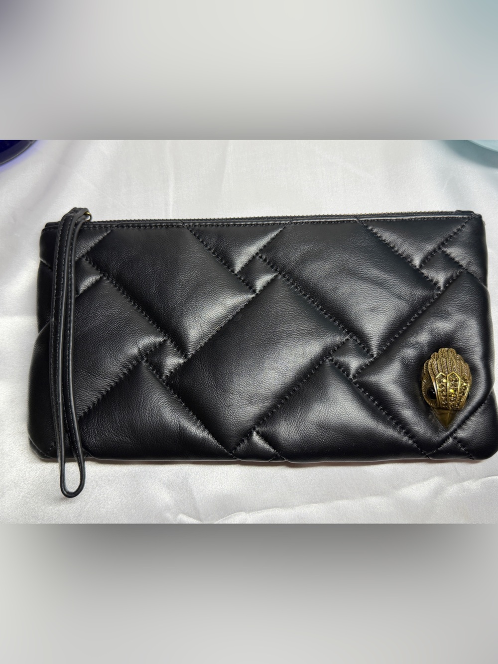 Kurt Geiger Black Quilted Leather Wristlet Clutch with Gold Rhinestone Eagle EUC